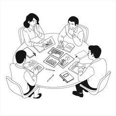 Black and white line art of a focused business team discussing financial charts and data around a round table.