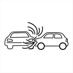 Simple line art icon depicting a rear-end collision between two passenger automobiles resulting in a fender bender.