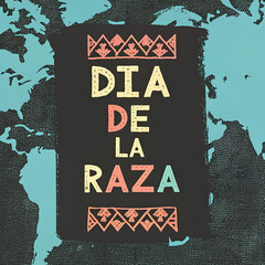 Dia de la raza poster with a world map background and colorful lettering