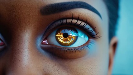 Close up of a cybernetic eye with a golden iris and blue highlights on the skin and eyelashes - Powered by Adobe