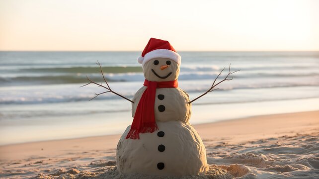 Festive sandman on a tropical beach wearing a santa hat and scarf