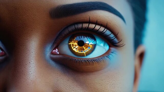 Close up of a cybernetic eye with a golden iris and blue highlights on the skin and eyelashes - Powered by Adobe