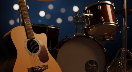 Acoustic guitar and drum set create a musical atmosphere with a dark blue background