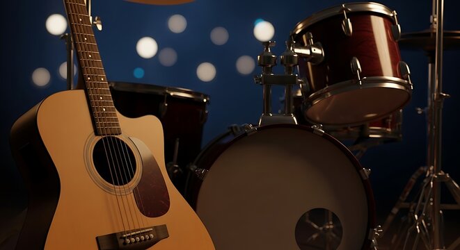 Acoustic guitar and drum set create a musical atmosphere with a dark blue background - Powered by Adobe