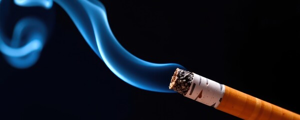 Close-up of a smoldering cigarette producing wisps of blue smoke against a dark background, cigarette, fire