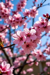 Obraz premium Delicate pink cherry blossoms bloom vibrantly in the spring sunshine, a fleeting spectacle of natural beauty, picturesque, outdoor