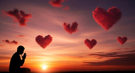 Silhouette of a woman holding a red heart on the beach under a romantic sky