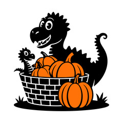 Cute dinosaur family gathering pumpkins in a basket for autumn celebration