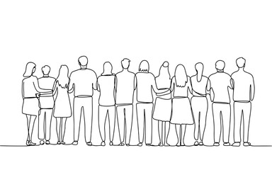 Continuous line drawing of a group of people standing side by side, symbolizing teamwork, unity, friendship, and community connection.