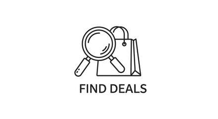 Find deals line icon with magnifying glass and shopping bag.