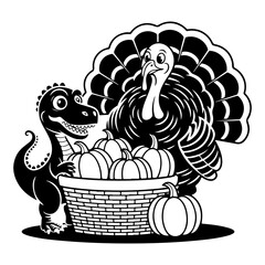 A whimsical Thanksgiving illustration featuring a friendly dinosaur and a turkey with a harvest basket of pumpkins