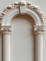 Naklejka premium An elegant archway with fluted columns, floral ornamentation, and a neutral color palette evokes classical architecture and refined aesthetics. #architecture #design