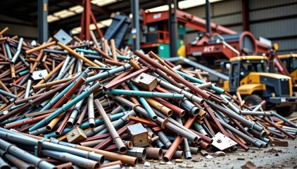 Scrap metal pile, industrial recycling facility, heavy machinery, environmental sustainability, facility, salvage