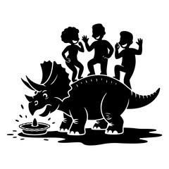Joyful children riding a majestic Triceratops dinosaur in a playful silhouette illustration, capturing a whimsical prehistoric adventure scene