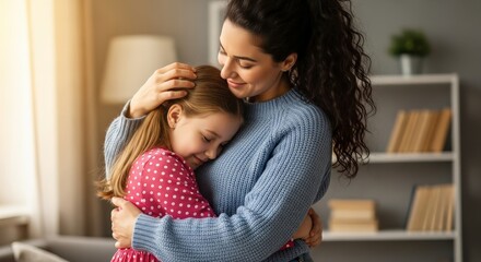A mother lovingly embraces her daughter in a warm room