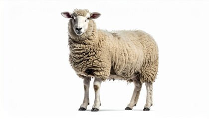 Naklejka premium Domestic sheep standing and looking at camera against white background.