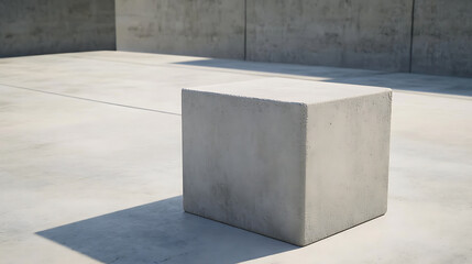 Concrete cube on a neutral surface, light illuminating its minimalist form. Shadow play enhances the geometric composition. Purity in raw materials; modern design element.