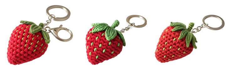 Set of A colorful knitted strawberry keychain with detailed yarn texture, realistic craftsmanship isolated on a transparent background
