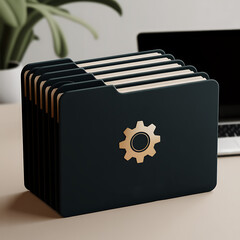 Modern desk organizer with gear accent holding files and folders for efficient office storage