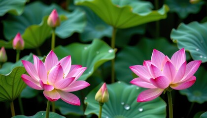 Obraz premium Pink lotus flowers and buds with water droplets on lush green leaves, macro, lotus
