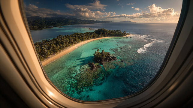 Fototapeta Hyperrealistic aerial view of a tiny island seen through an airplane window, showcasing vivid ocean colors, travel perspective, and the beauty of remote tropical destinations. 