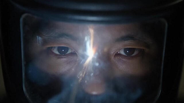Closeup of a person wearing a welding mask facing forward