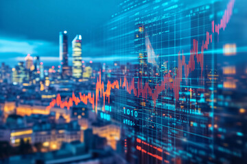 Close-Up View of Stock Market Chart Displayed on Screen with Blurred City Lights Background	
