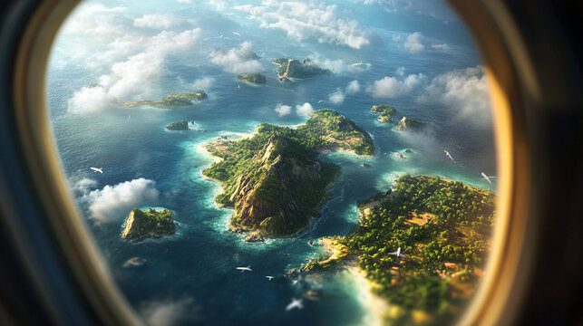 Fototapeta Hyperrealistic aerial view of a tiny island seen through an airplane window, showcasing vivid ocean colors, travel perspective, and the beauty of remote tropical destinations. 