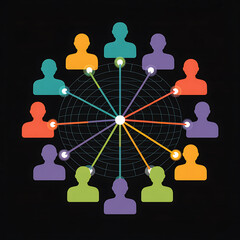 Colorful human silhouettes connected to a central hub representing networked communication and collaboration