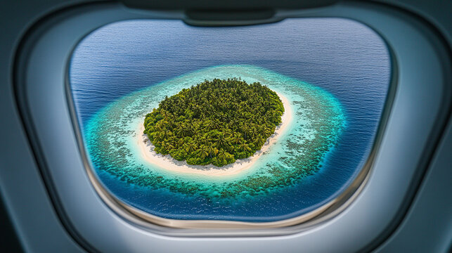 Fototapeta Hyperrealistic aerial view of a tiny island seen through an airplane window, showcasing vivid ocean colors, travel perspective, and the beauty of remote tropical destinations. 