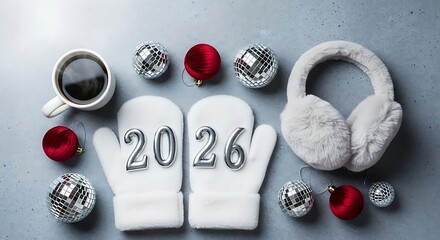 Festive 2026 new year layout with mittens ornaments earmuffs and coffee cup flatlay