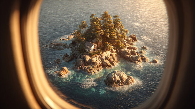 Fototapeta Hyperrealistic aerial view of a tiny island seen through an airplane window, showcasing vivid ocean colors, travel perspective, and the beauty of remote tropical destinations. 