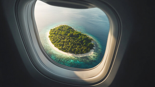 Fototapeta Hyperrealistic aerial view of a tiny island seen through an airplane window, showcasing vivid ocean colors, travel perspective, and the beauty of remote tropical destinations. 