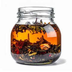 Infusion of Black Tea and Herbs in a Clear Glass Jar on White Surface