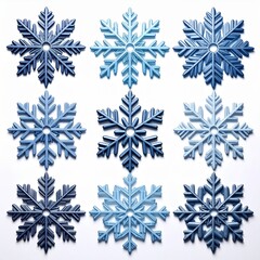 Fototapeta premium Nine Stylized Blue Snowflake Ornaments Arranged on White Background