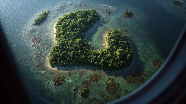 Fototapeta Hyperrealistic aerial view of a tiny island seen through an airplane window, showcasing vivid ocean colors, travel perspective, and the beauty of remote tropical destinations. 