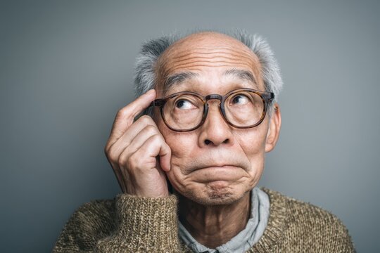Elderly man with glasses wearing a brown sweater touches his temple looking thoughtful. Gray background. Thin hair and a slight smirk convey contemplation and curiosity - Powered by Adobe
