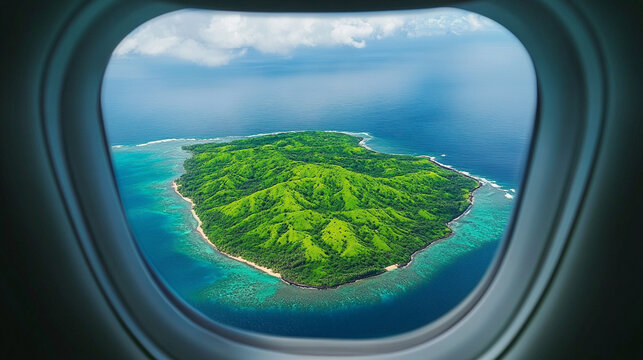 Fototapeta Hyperrealistic aerial view of a tiny island seen through an airplane window, showcasing vivid ocean colors, travel perspective, and the beauty of remote tropical destinations. 
