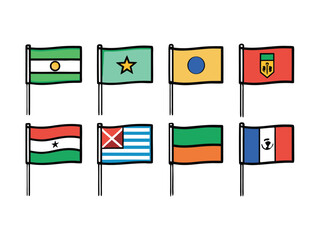 Illustrated Set Of Diverse Global Flags Against White Backdrop In Cartoon Style