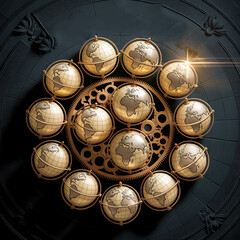 Intricate golden astrolabe with celestial engravings and a mystical aura of ancient knowledge