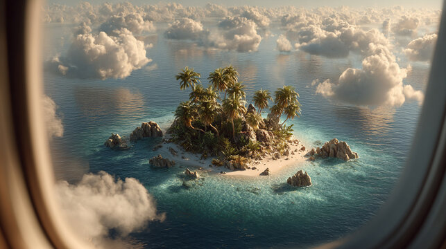 Fototapeta Hyperrealistic aerial view of a tiny island seen through an airplane window, showcasing vivid ocean colors, travel perspective, and the beauty of remote tropical destinations. 