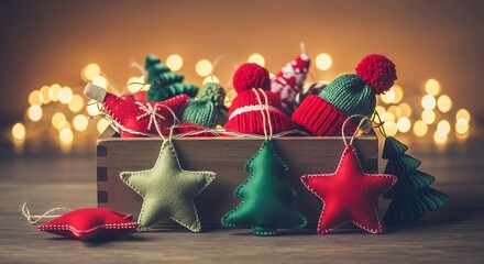 Festive christmas ornaments in a wooden box with twinkling lights background holiday