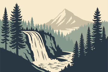 Minimal Yellowstone waterfall vector with forest and mountain silhouette