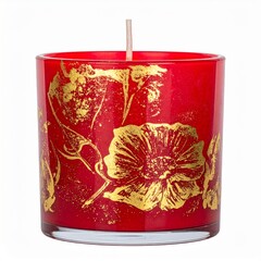 Obraz premium Red Glass Candle Holder with Gold Floral Design on White Background