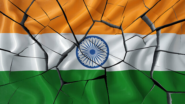 Fractured Indian flag symbolizing division and fragility, with the Ashoka Chakra visible.