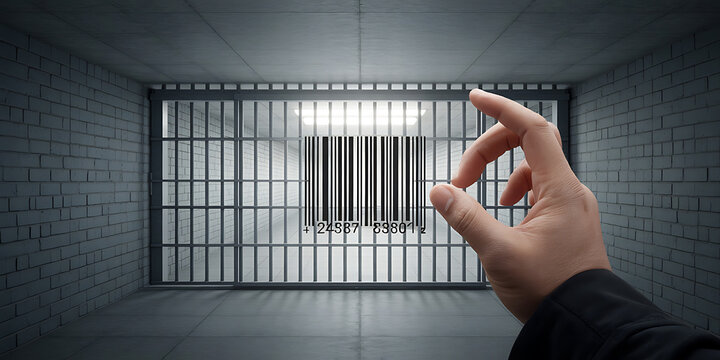 Hand reaches towards prison bars, creating a sense of confinement and restricted freedom.