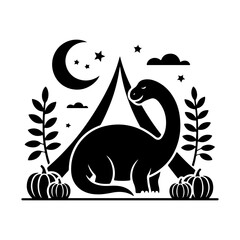 A charming sauropod dinosaur camping at night under a crescent moon, a graphic vector design with autumn pumpkins