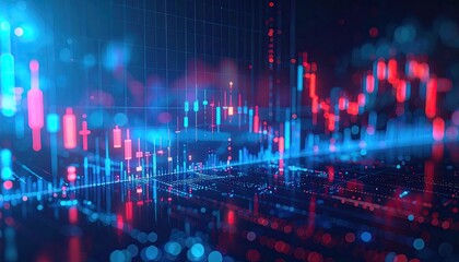 Abstract Digital Stock Market Trading Chart With Red and Blue Candlesticks Showing Financial Data In A Futuristic Cityscape Background At Night With Blurry Lights And Bokeh Effects