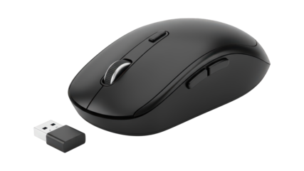 Black wireless computer mouse with USB receiver on a dark background.