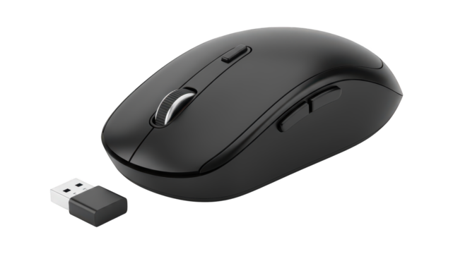 Black wireless computer mouse with USB receiver on a dark background.